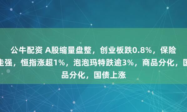 公牛配资 A股缩量盘整，创业板跌0.8%，保险、银行走强，恒指涨超1%，泡泡玛特跌逾3%，商品分化，国债上涨